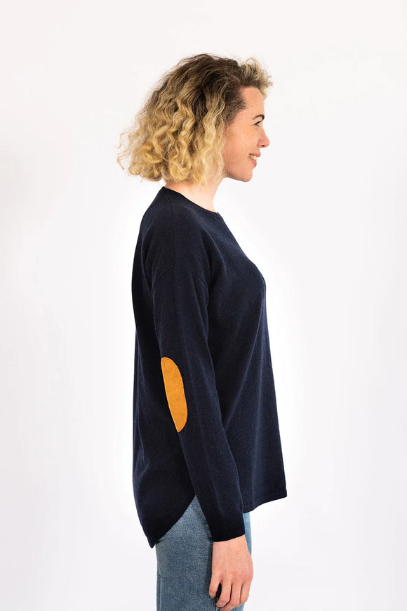 Navy Crew Neck Swing Knit Tan Patches