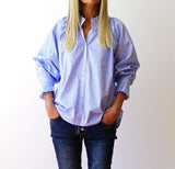 Olive - Fine Stripe Digital Print Shirt Pale Blue & White Stripe