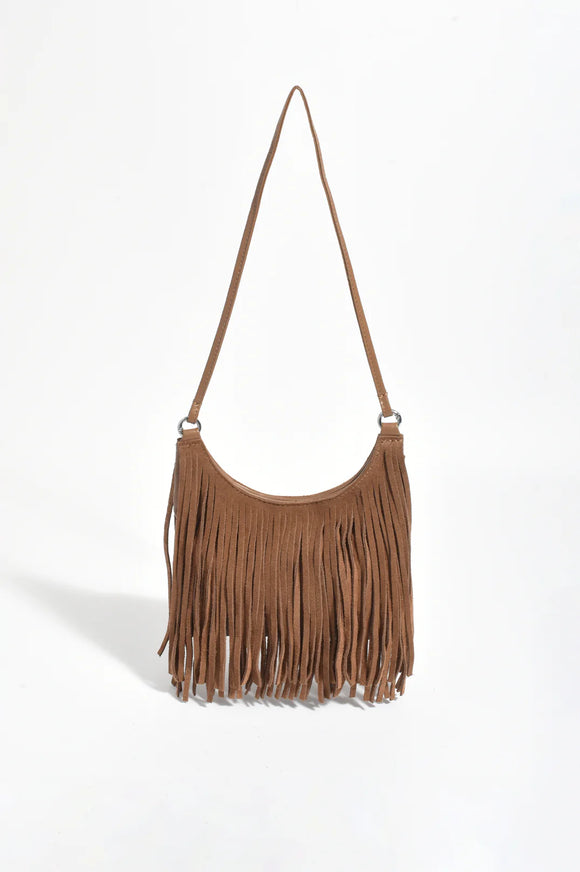 Kelsey Leather Suede Fringe Mini Bag Tan