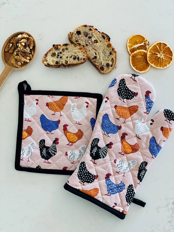 Oven Glove & Pot Holder Set Bright Hen