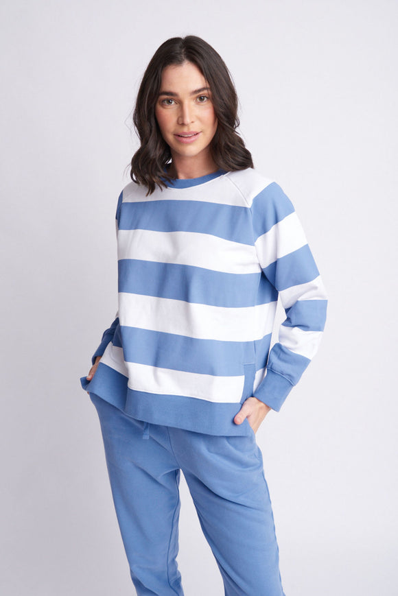 Stripe Sweater with Side Splits Denim Blue/ White