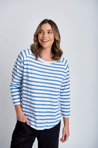 3/4 Sleeve Striped Tee White/Deep Blue