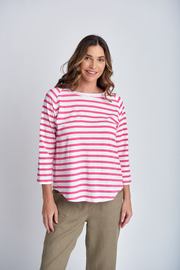 3/4 Sleeve Striped Tee White/Raspberry