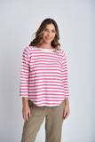 3/4 Sleeve Striped Tee White/Raspberry