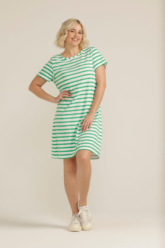 Short Sleeve Stripe Dress White/ Green