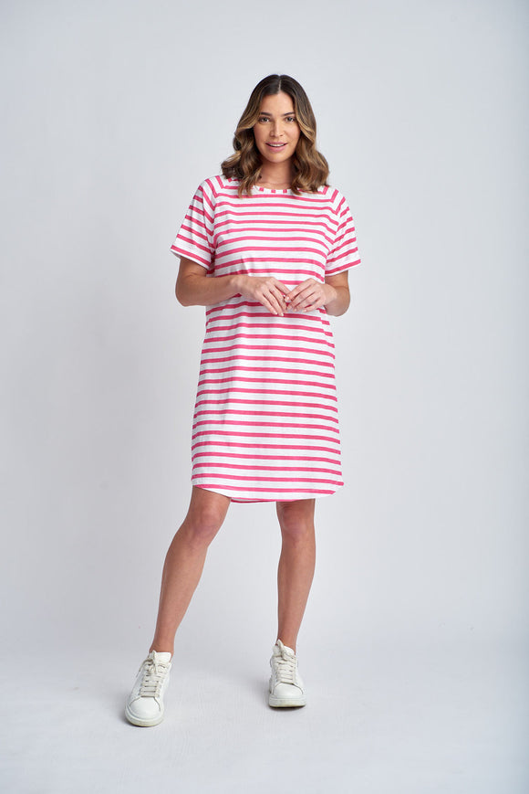 Stripe Raglan Sleeve Dress White/Raspberry