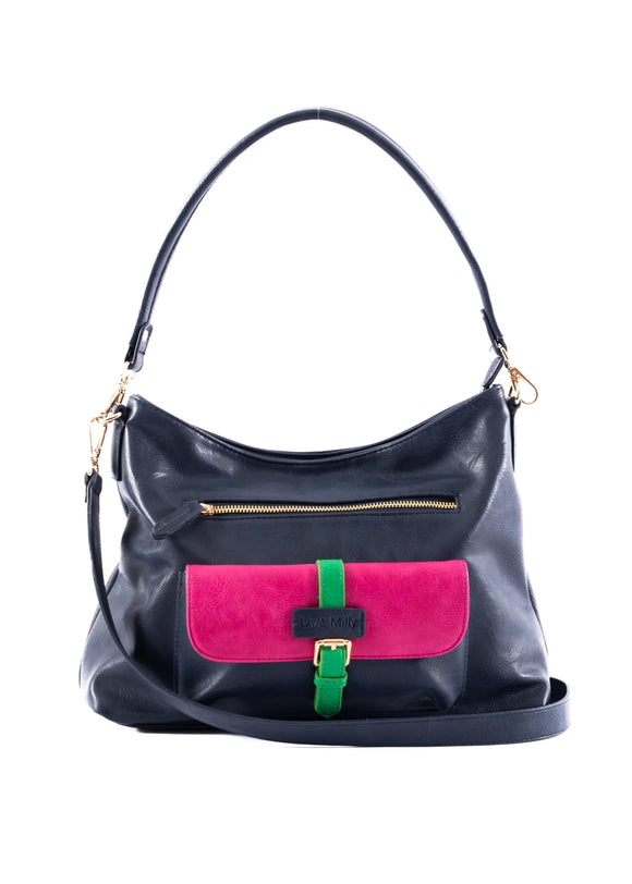 Gabriel Shoulder Bag Navy with Pink/Green
