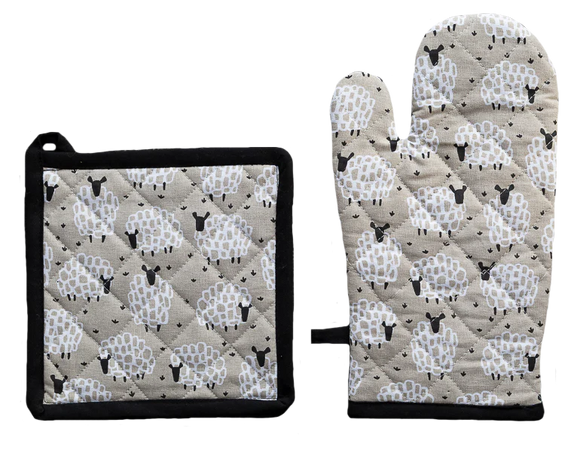 Oven Glove & Pot Holder Set Grey Sheep