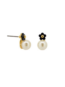 Black Daisy Top Pearl Ball Earrings