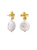 Matte Gold Flower And Flat Pearl Earrings