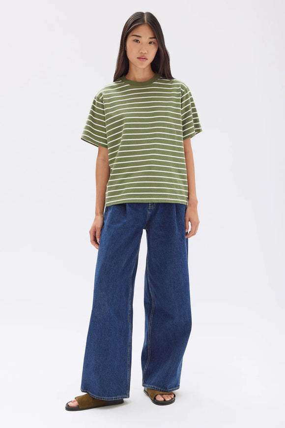 Womens Cohen Stripe Short Sleeve Tee Pandan/Antique White