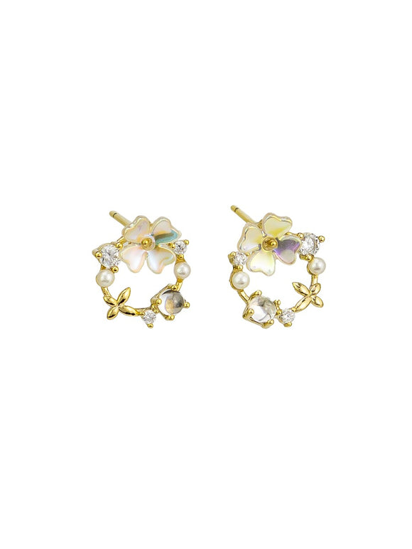 Gold Flower Crystal Pearl Garden Earrings
