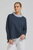Raw Frill Collar Sweatshirt - Navy / Stripe Collar