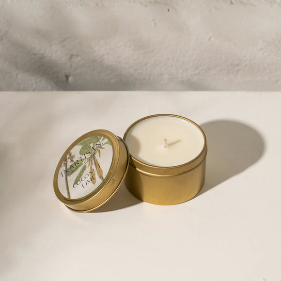 Hand Poured Soy Candle in Travel Tin - Brass Coconut & Lime