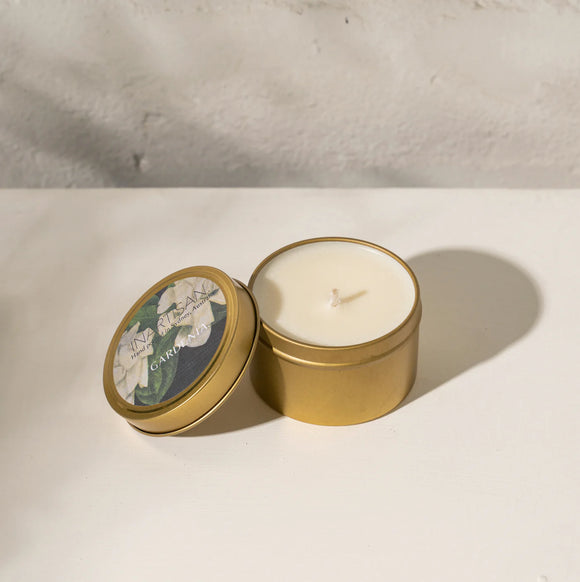 Hand Poured Soy Candle in Travel Tin - Brass Gardenia