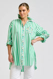 Nessa Boyfriend Shirt - Green Stripe With Floral Trim