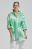 Nessa Boyfriend Shirt - Green Stripe With Floral Trim