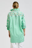 Nessa Boyfriend Shirt - Green Stripe With Floral Trim