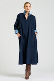 The Amelie Shirt Dress - French Navy Pincord with Paisley Trim