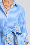 The Luna Oversized Long Line Shirt Dress Blue Stripe Floral Trim
