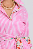 The Luna Oversized Long Line Shirt Dress Pink Stripe Floral Trim
