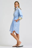 Winnie Classic Shirtdress - Pale Blue Stripe With Floral Trim