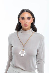 Double Circle Necklace Light Tan and Silver