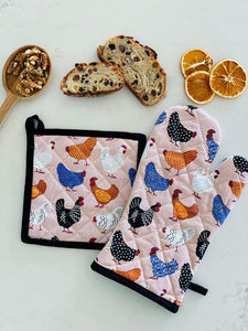 Oven Glove & Pot Holder Set Bright Hens