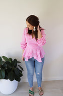Lily Peplum Top Pink Gingham